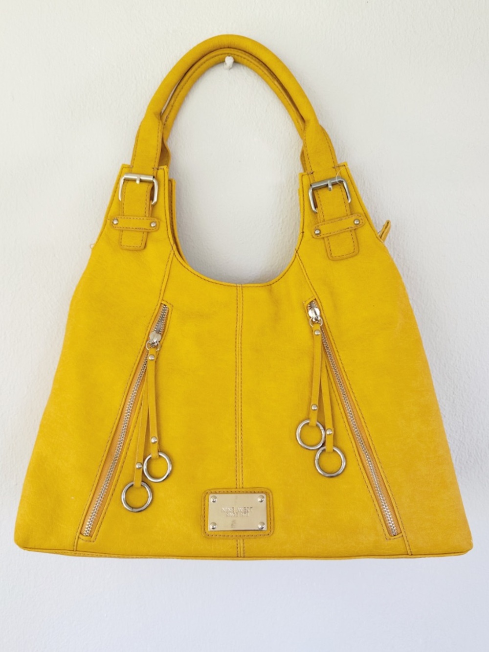 Nine West cornbread yellow vegan leather silver ring hardware shoulder bag